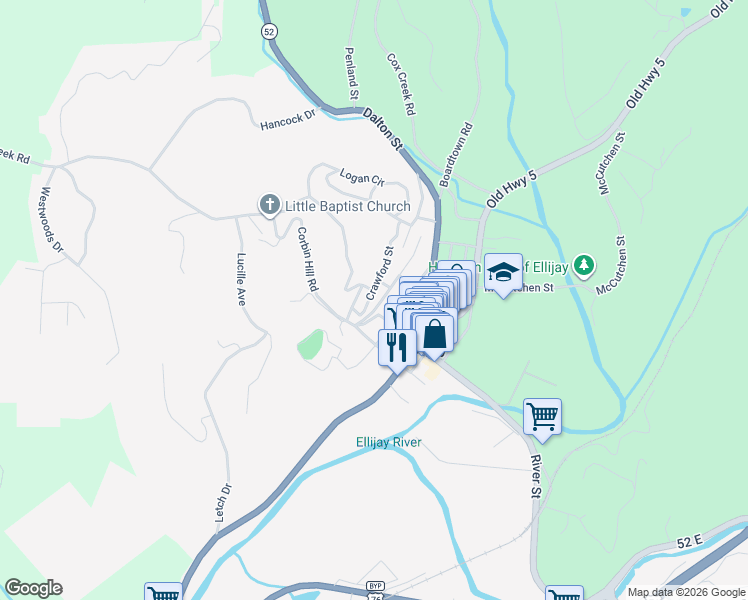 map of restaurants, bars, coffee shops, grocery stores, and more near 153 Seminary Circle in Ellijay
