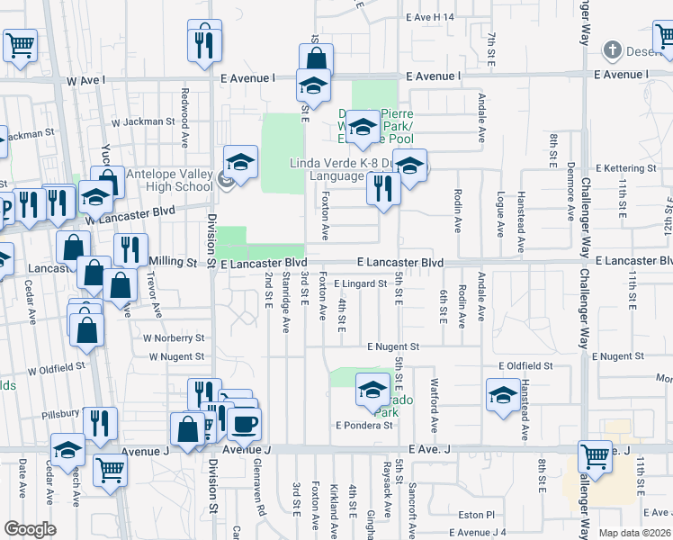 map of restaurants, bars, coffee shops, grocery stores, and more near 342 East Lancaster Boulevard in Lancaster