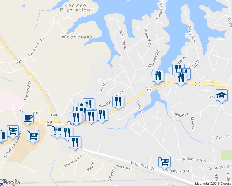 map of restaurants, bars, coffee shops, grocery stores, and more near 421 Mountain View Dr in Seneca