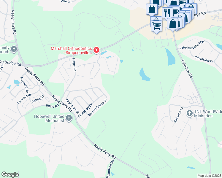 map of restaurants, bars, coffee shops, grocery stores, and more near 117 Chesnut Grove Lane in Simpsonville