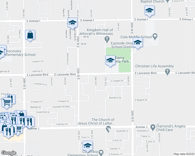 map of restaurants, bars, coffee shops, grocery stores, and more near 44746 26th St E in Lancaster
