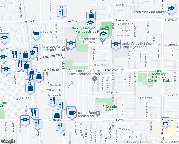 map of restaurants, bars, coffee shops, grocery stores, and more near 300 East Lancaster Boulevard in Lancaster