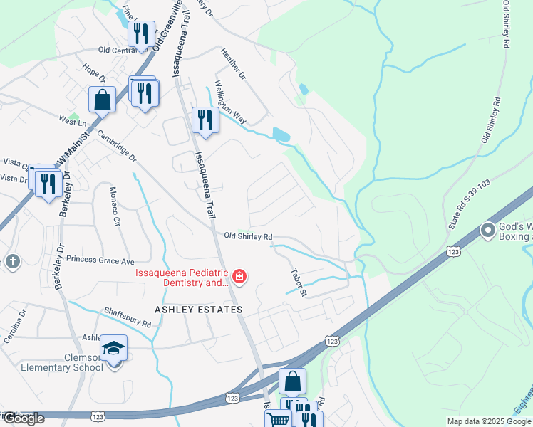 map of restaurants, bars, coffee shops, grocery stores, and more near 106 Smoke Rise Lane in Central