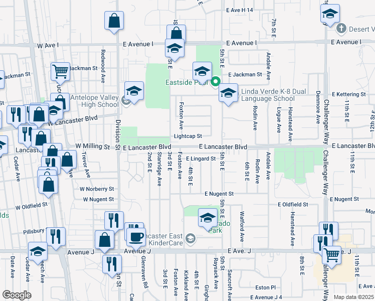 map of restaurants, bars, coffee shops, grocery stores, and more near 342 East Lancaster Boulevard in Lancaster