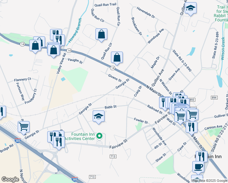map of restaurants, bars, coffee shops, grocery stores, and more near 211 Georgia Street in Fountain Inn