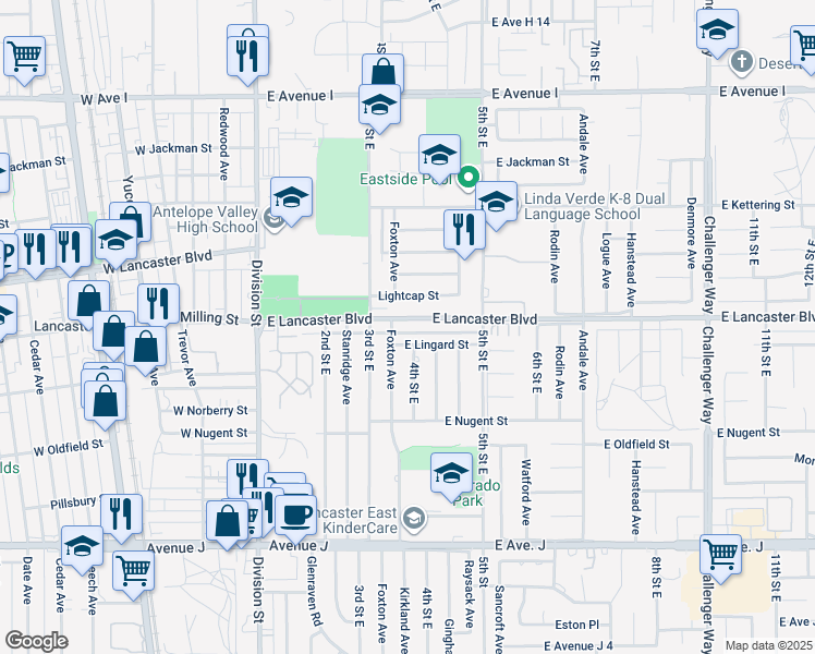 map of restaurants, bars, coffee shops, grocery stores, and more near 342 East Lancaster Boulevard in Lancaster