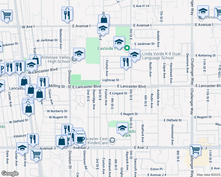 map of restaurants, bars, coffee shops, grocery stores, and more near 342 East Lancaster Boulevard in Lancaster