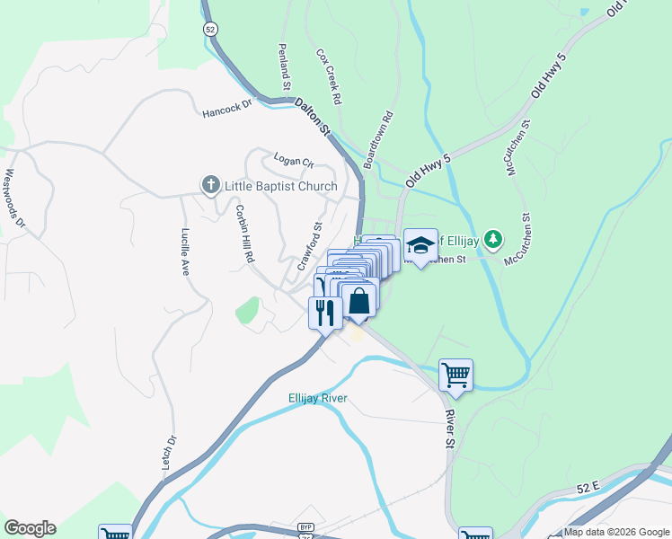 map of restaurants, bars, coffee shops, grocery stores, and more near 111 North Gilmer Street in Ellijay