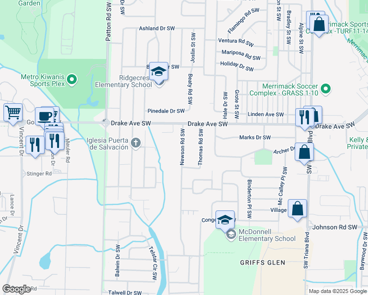 map of restaurants, bars, coffee shops, grocery stores, and more near 3901 Newson Road Southwest in Huntsville