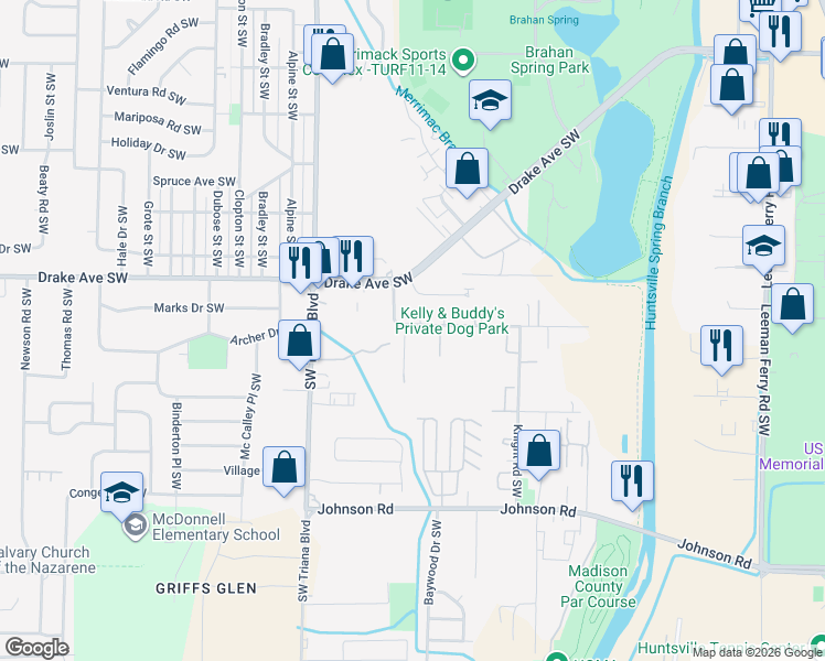 map of restaurants, bars, coffee shops, grocery stores, and more near 2818 Hood Road Southwest in Huntsville