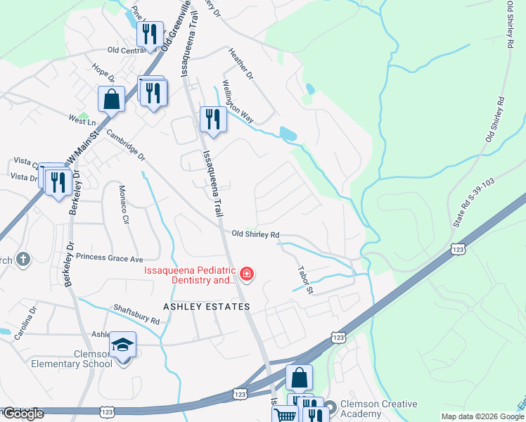 map of restaurants, bars, coffee shops, grocery stores, and more near 104 Smoke Rise Lane in Central
