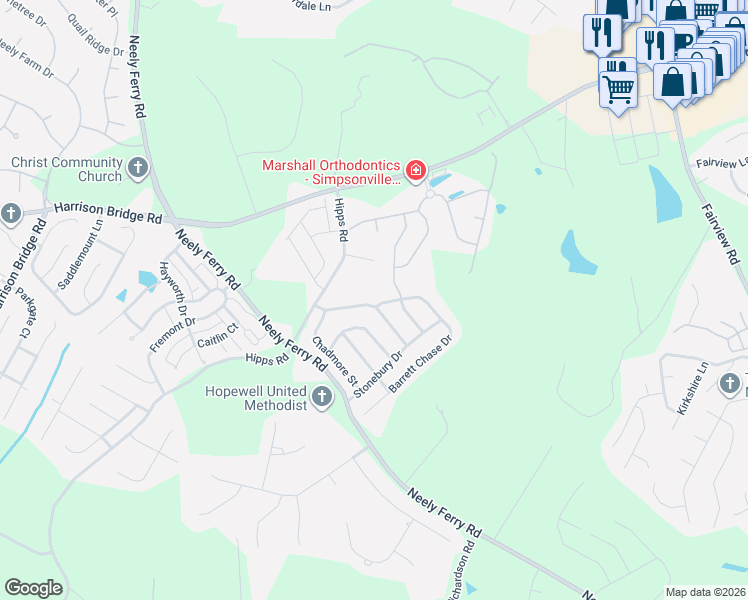 map of restaurants, bars, coffee shops, grocery stores, and more near 116 Briarhill Drive in Simpsonville