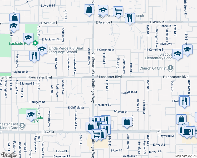 map of restaurants, bars, coffee shops, grocery stores, and more near 1022 East Lancaster Boulevard in Lancaster