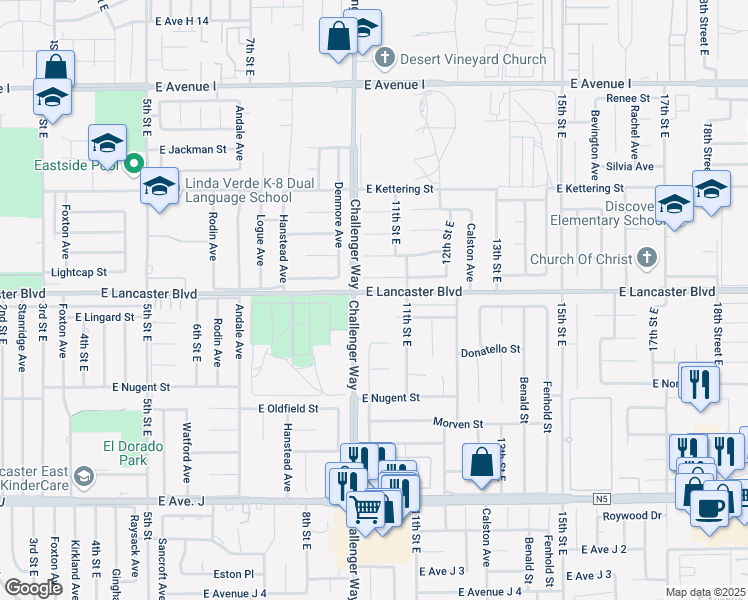 map of restaurants, bars, coffee shops, grocery stores, and more near 1022 East Lancaster Boulevard in Lancaster