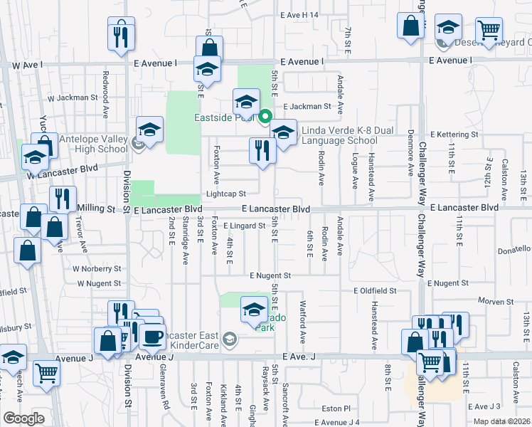 map of restaurants, bars, coffee shops, grocery stores, and more near 468 East Lancaster Boulevard in Lancaster