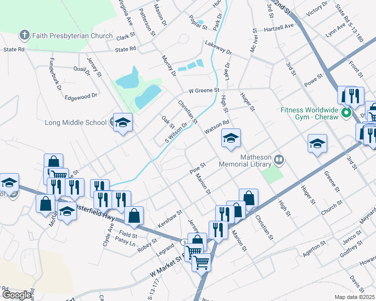 map of restaurants, bars, coffee shops, grocery stores, and more near 49 Watson Road in Cheraw