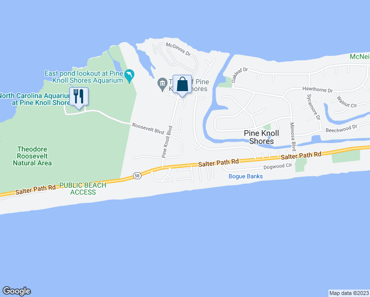 map of restaurants, bars, coffee shops, grocery stores, and more near 116 Evergreen Lane in Pine Knoll Shores