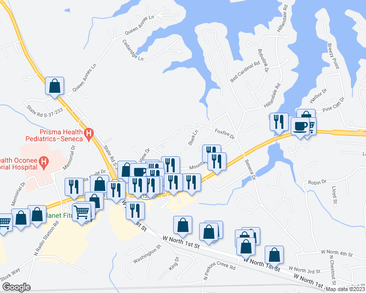 map of restaurants, bars, coffee shops, grocery stores, and more near 2164 Shea Lane in Seneca