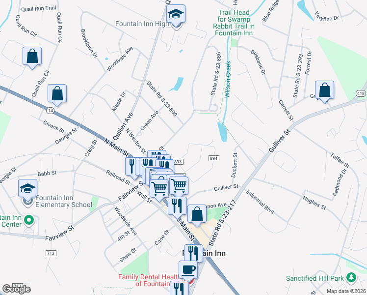 map of restaurants, bars, coffee shops, grocery stores, and more near 108 Inn Circle in Fountain Inn