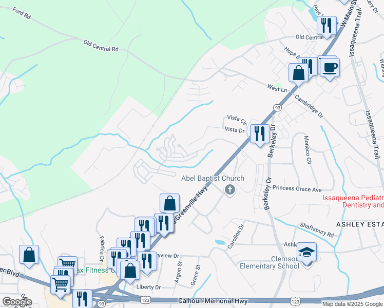 map of restaurants, bars, coffee shops, grocery stores, and more near Berkeley Place Circle in Clemson