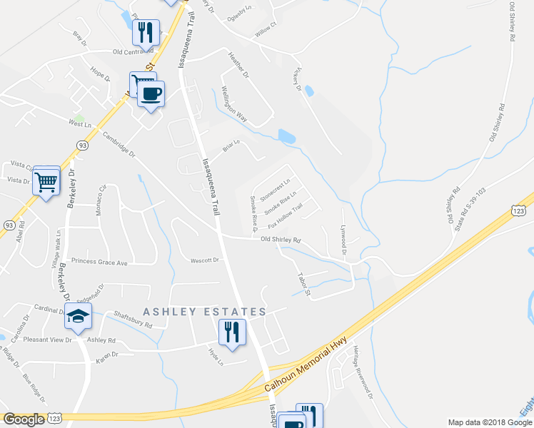 map of restaurants, bars, coffee shops, grocery stores, and more near 126 Smoke Rise Lane in Central