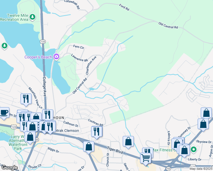 map of restaurants, bars, coffee shops, grocery stores, and more near 809 Creekside Drive in Clemson