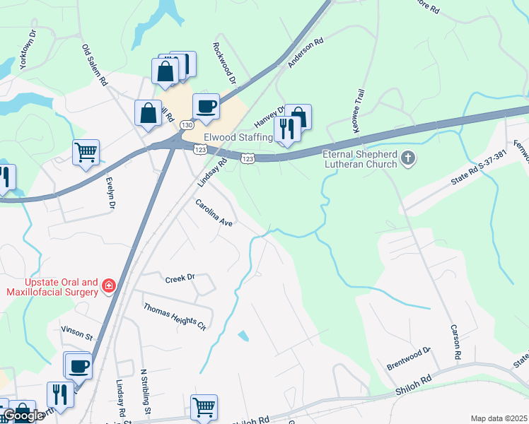 map of restaurants, bars, coffee shops, grocery stores, and more near 203 Meadowbrook Drive in Seneca