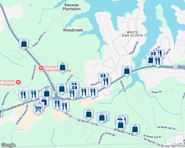 map of restaurants, bars, coffee shops, grocery stores, and more near 2147 Shea Lane in Seneca