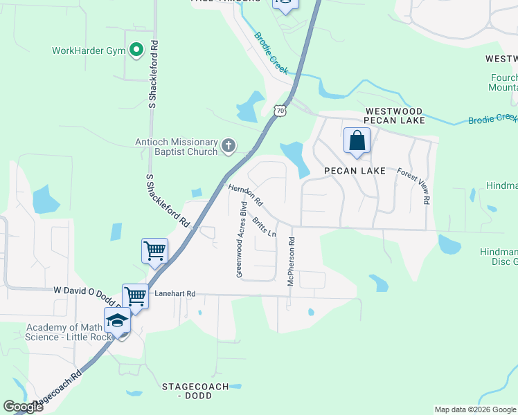 map of restaurants, bars, coffee shops, grocery stores, and more near 6 Britts Lane in Little Rock