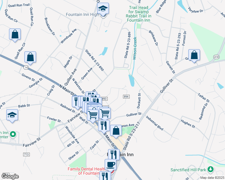 map of restaurants, bars, coffee shops, grocery stores, and more near 108 Inn Circle in Fountain Inn