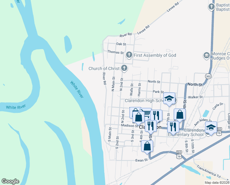 map of restaurants, bars, coffee shops, grocery stores, and more near 412 North Main Street in Clarendon