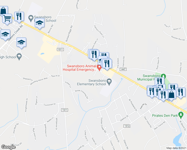map of restaurants, bars, coffee shops, grocery stores, and more near 114 Julie Lane in Swansboro