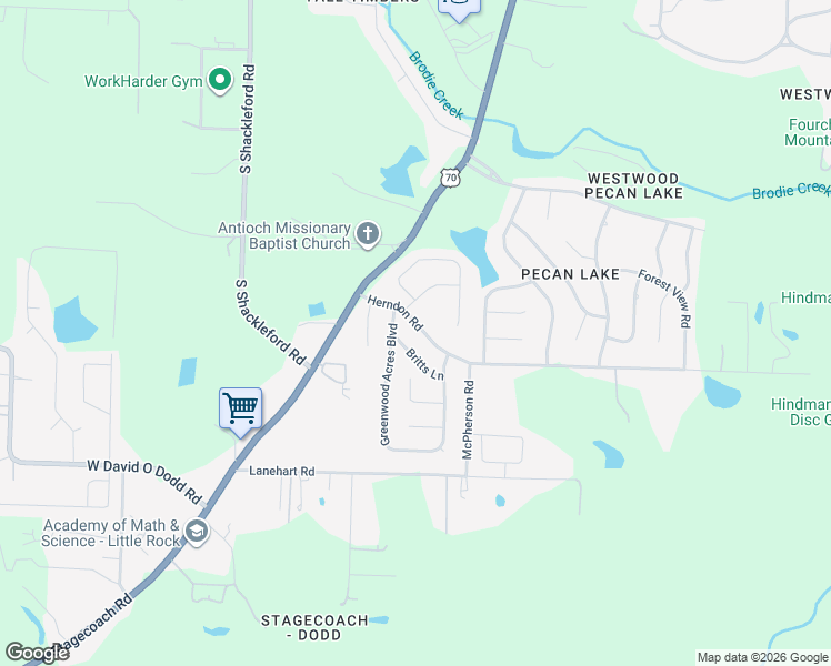 map of restaurants, bars, coffee shops, grocery stores, and more near 6 Britts Lane in Little Rock
