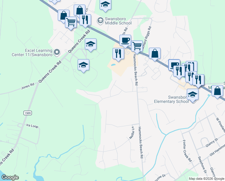 map of restaurants, bars, coffee shops, grocery stores, and more near 130 Stanley Road in Swansboro