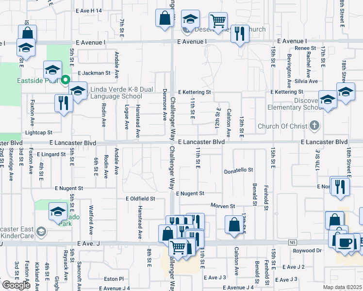map of restaurants, bars, coffee shops, grocery stores, and more near 1022 East Lancaster Boulevard in Lancaster