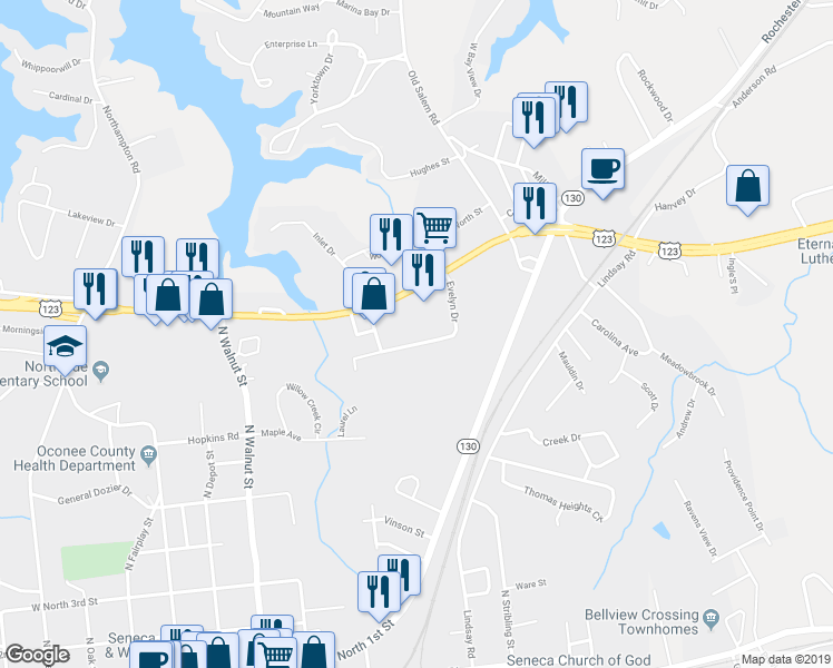 map of restaurants, bars, coffee shops, grocery stores, and more near 709 Evelyn Drive in Seneca