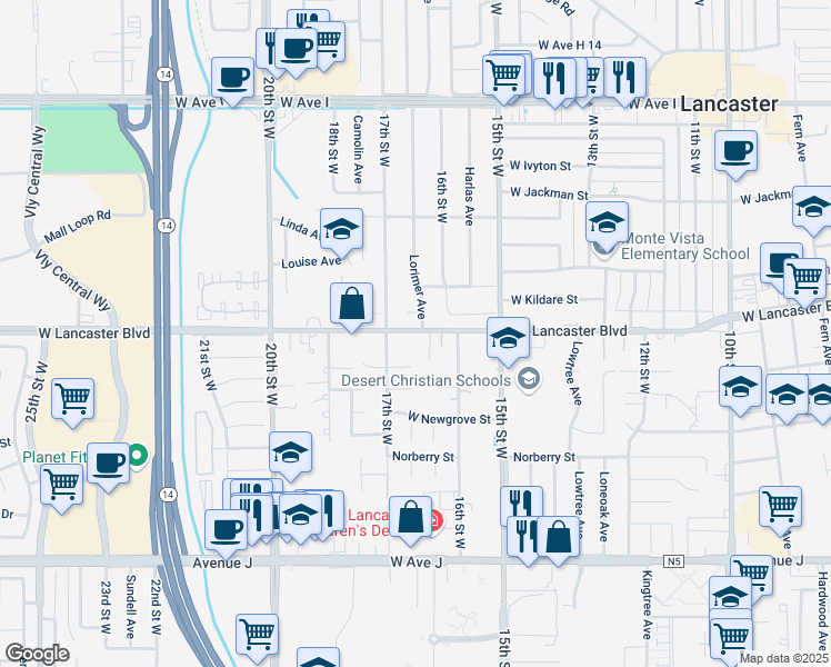 map of restaurants, bars, coffee shops, grocery stores, and more near 1656 West Lancaster Boulevard in Lancaster