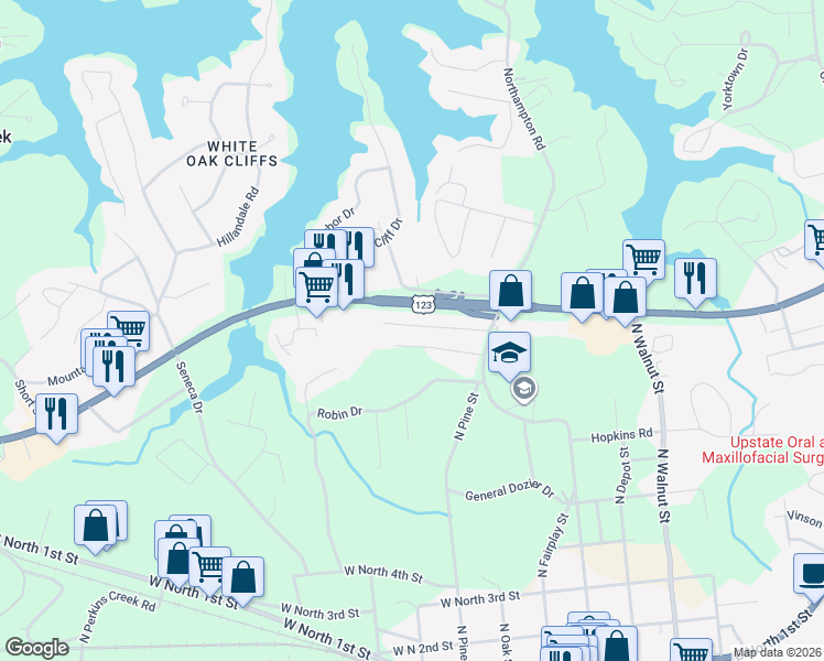 map of restaurants, bars, coffee shops, grocery stores, and more near 123A Morningside Drive in Seneca