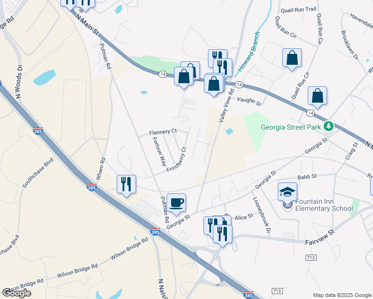 map of restaurants, bars, coffee shops, grocery stores, and more near 300 Frostberry Court in Fountain Inn