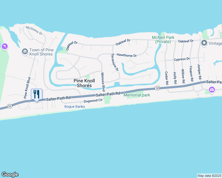 map of restaurants, bars, coffee shops, grocery stores, and more near 202-224 N Carolina 58 in Pine Knoll Shores