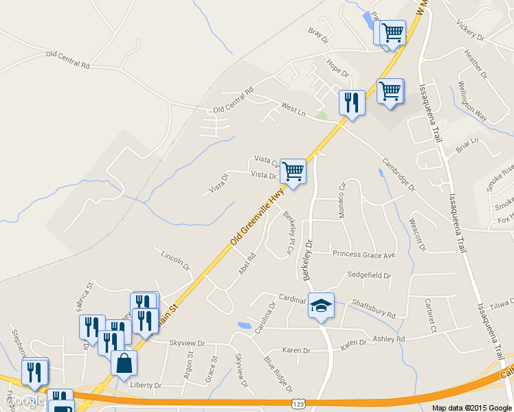 map of restaurants, bars, coffee shops, grocery stores, and more near 655 Old Greenville Highway in Clemson
