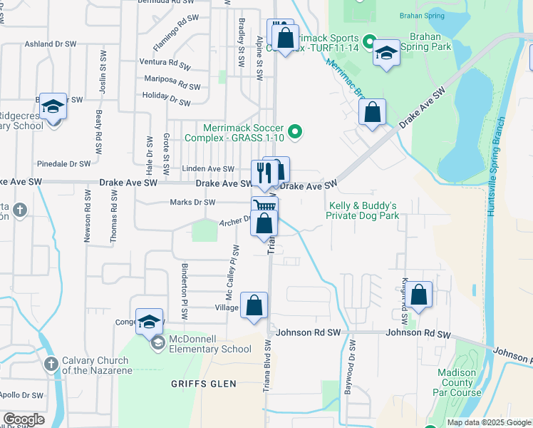 map of restaurants, bars, coffee shops, grocery stores, and more near 3816 Triana Boulevard Southwest in Huntsville