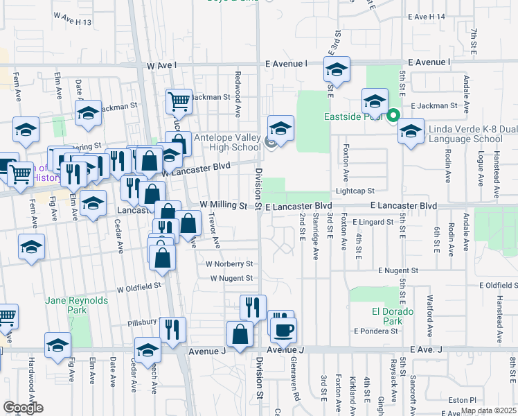 map of restaurants, bars, coffee shops, grocery stores, and more near Division Street & East Lancaster Boulevard in Lancaster