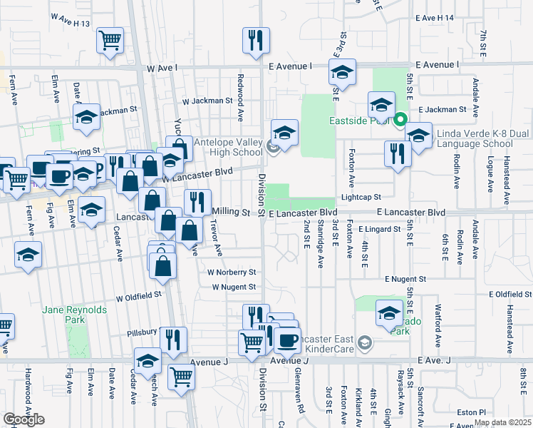 map of restaurants, bars, coffee shops, grocery stores, and more near 26 East Lancaster Boulevard in Lancaster