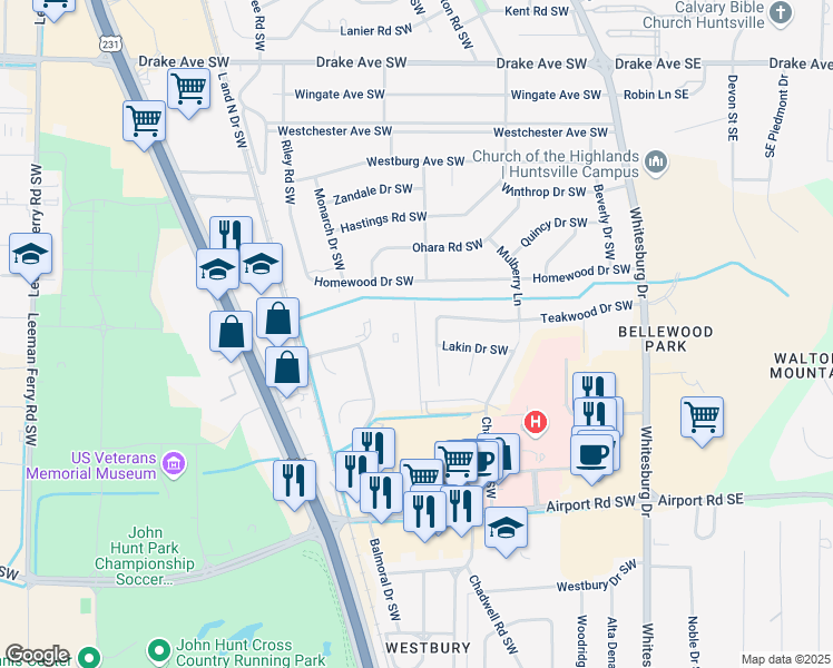 map of restaurants, bars, coffee shops, grocery stores, and more near 602 Chateau Drive Southwest in Huntsville
