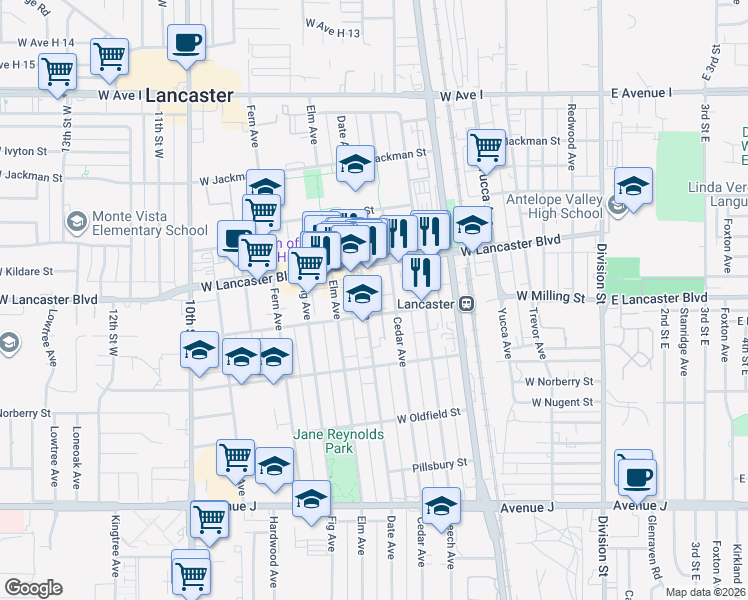 map of restaurants, bars, coffee shops, grocery stores, and more near in Lancaster