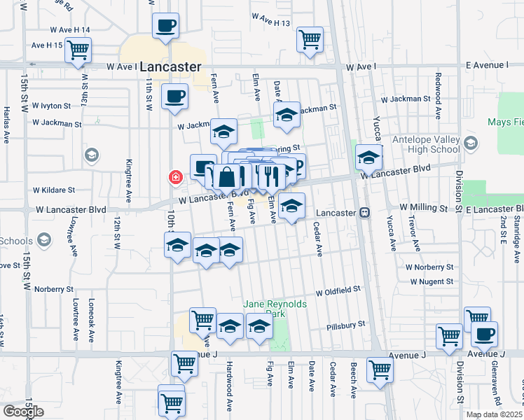 map of restaurants, bars, coffee shops, grocery stores, and more near 44826 Fig Avenue in Lancaster