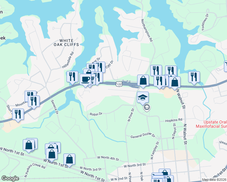map of restaurants, bars, coffee shops, grocery stores, and more near 123A Morningside Drive in Seneca
