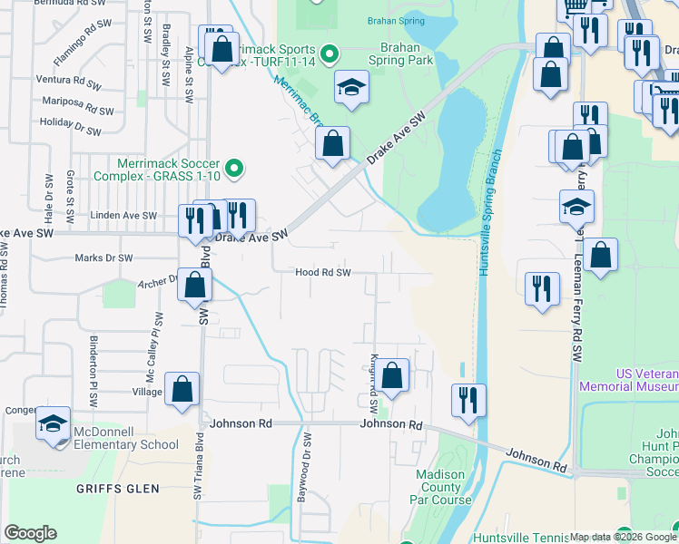 map of restaurants, bars, coffee shops, grocery stores, and more near 2907 Hood Road Southwest in Huntsville