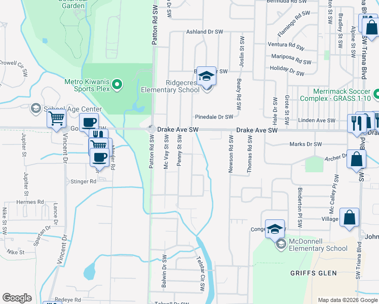 map of restaurants, bars, coffee shops, grocery stores, and more near 3903 Troy Swasey Boulevard Southwest in Huntsville